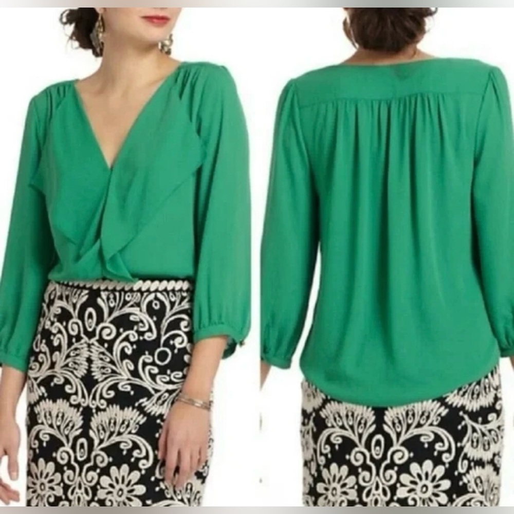 Maeve Anthropologie Kelly Green Flowy Collar Blouse Career Classy Mod Size 0/S